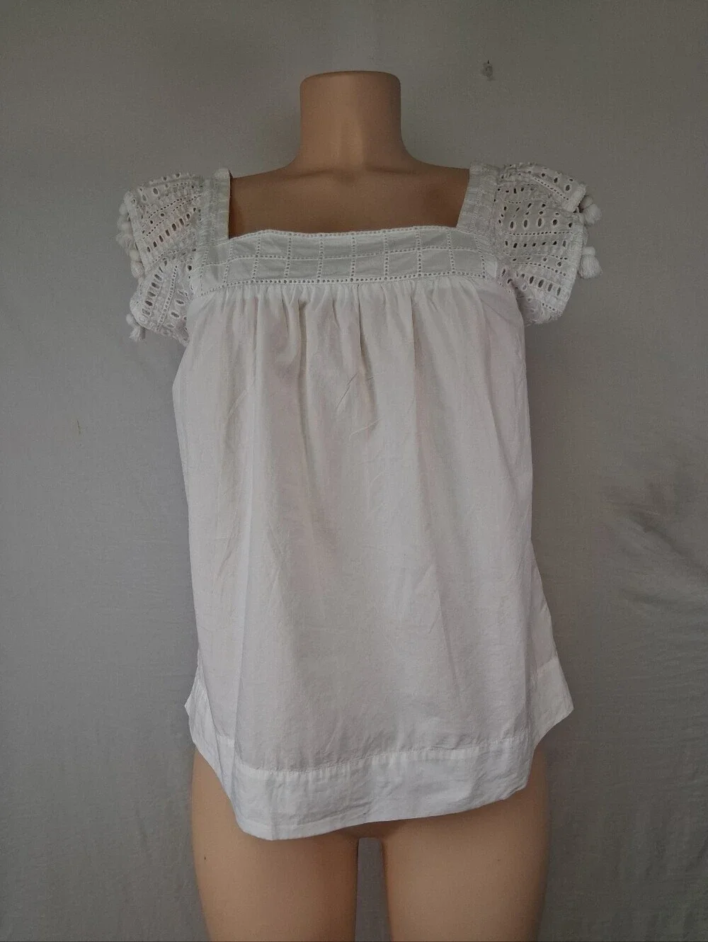 J. Crew White Square-Neck Crochet Sleeve Blousesize 2